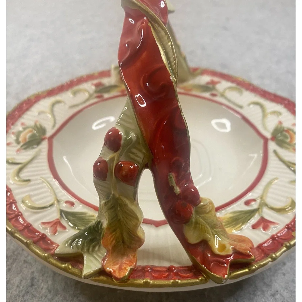Fitz and Floyd Woodland Holiday Ceramic‎ Basket Ribbon Design Handle 9